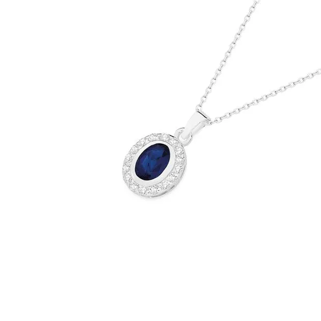 Silver Bezel Blue Glass & CZ Oval Pendant