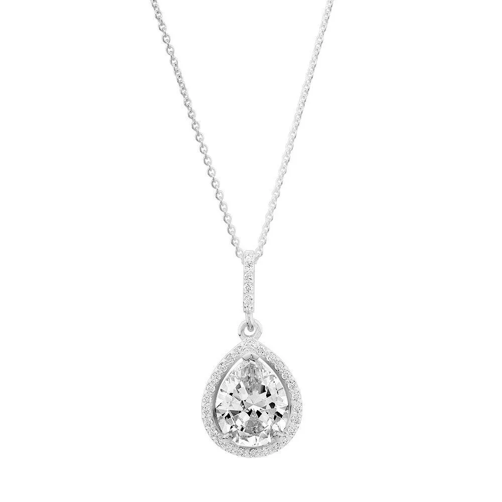 Pear Shape Cubic Zirconia Halo Pendant in Sterling Silver
