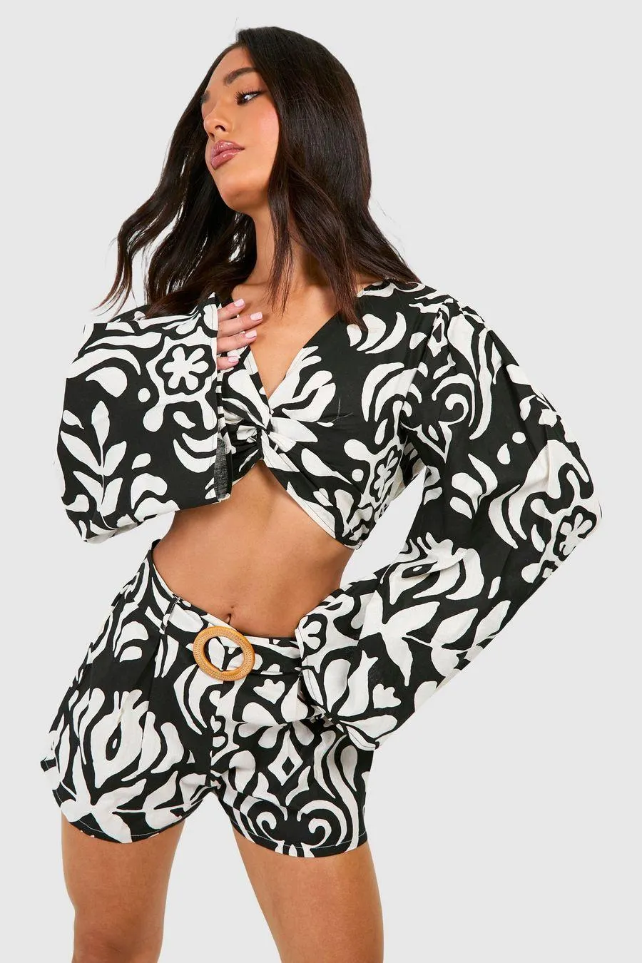 Petite Mono Print Linen Look Belted Short