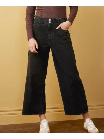 Women's Elastic Waist Wide Leg Jean in Black