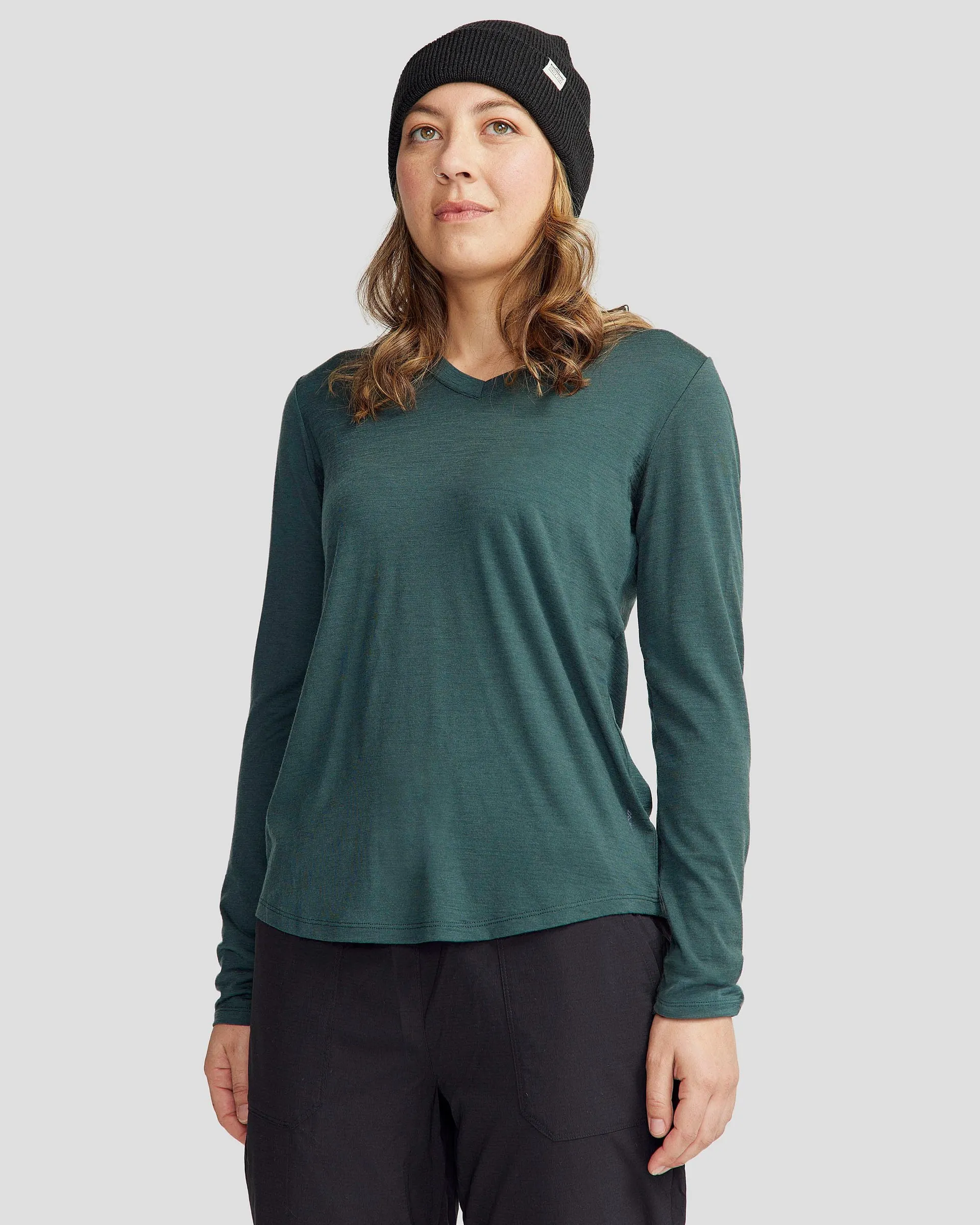 Women's 100% Merino Long Sleeve V-Top - Deep Forest