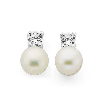 Sterling Silver Fresh Water Pearl & Cubic Zirconia Stud Earrings