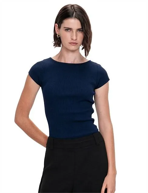 Ribbed Cap Sleeve Boat Neck Knit