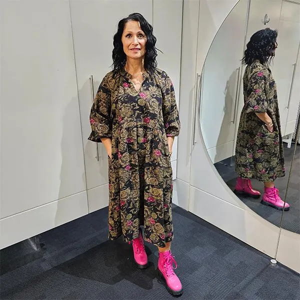 Gathered V Neck Dress Black