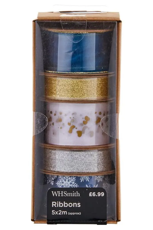 WHSmith Fabric Ribbon 10 Metre Midnight Blue, Silver & Gold