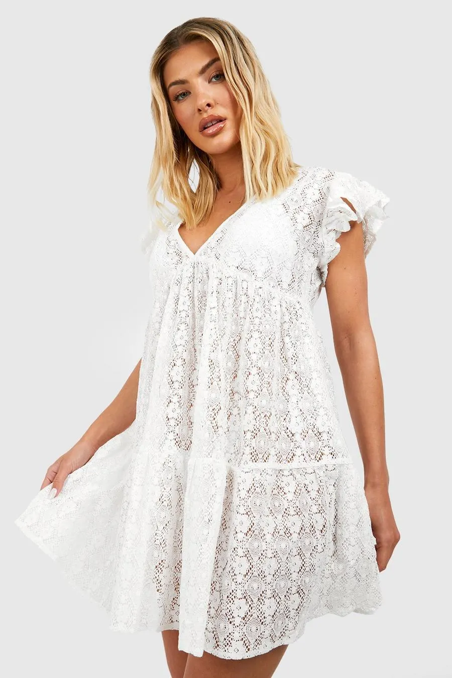 Lace Ruffle Plunge Beach Mini Dress