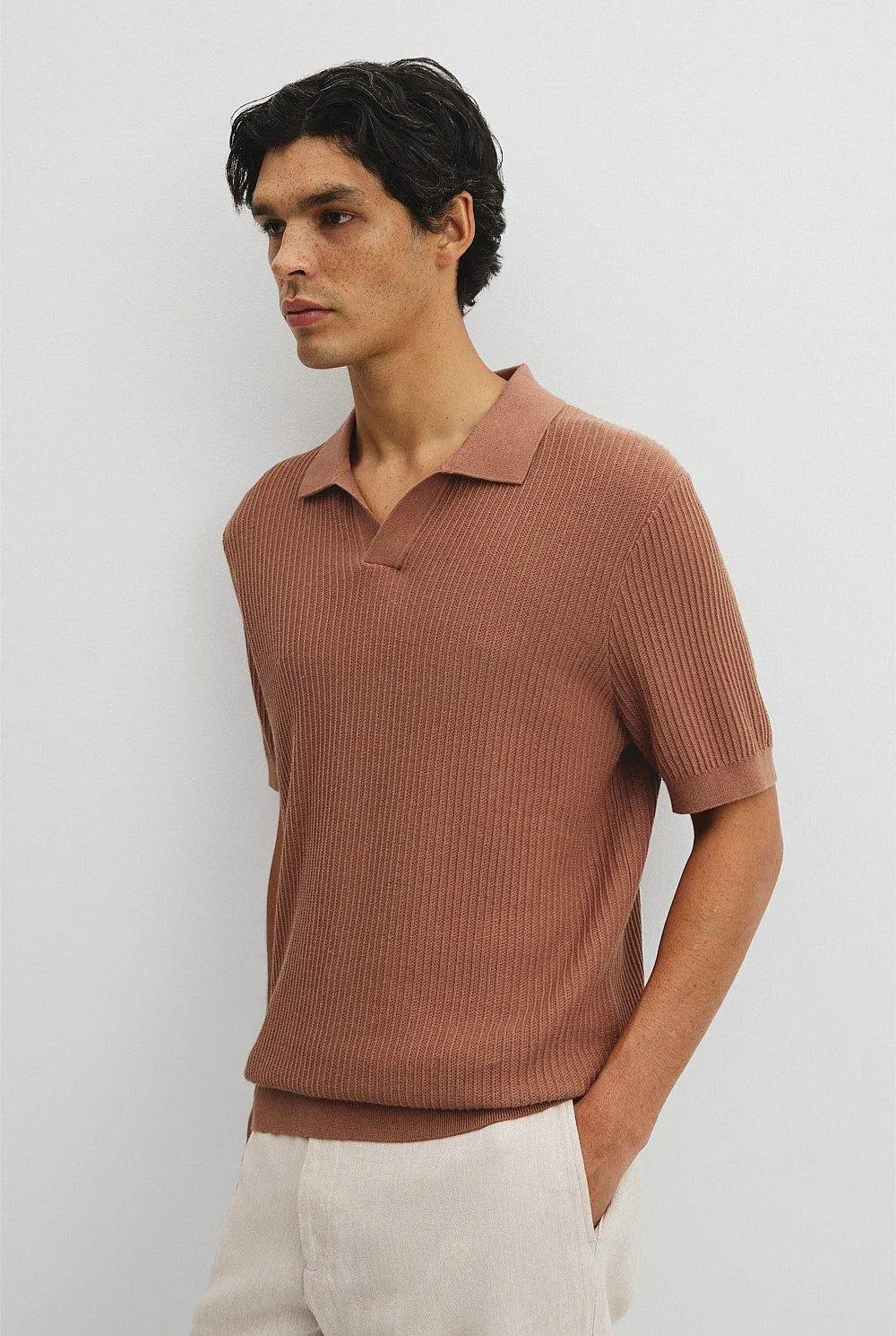 Short Sleeve Cotton Linen Knit Polo