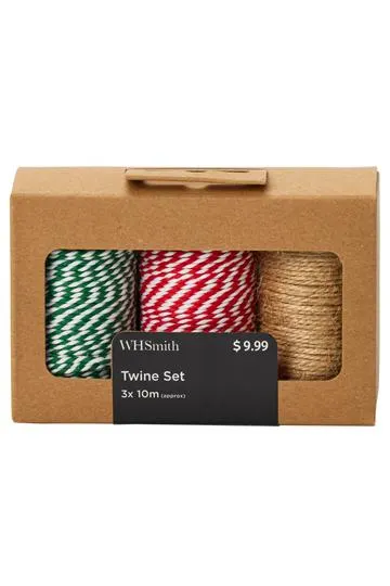 WHSmith Christmas Twine Red Green and Jute Pack of 3