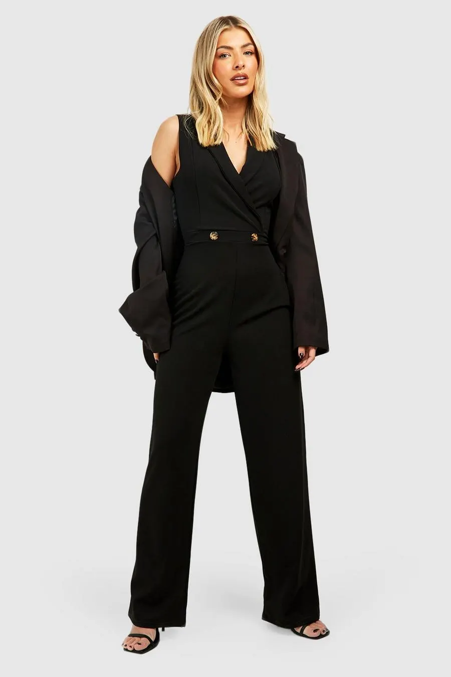 Plunge Lapel Wide Leg Tailored Jumpsuit
