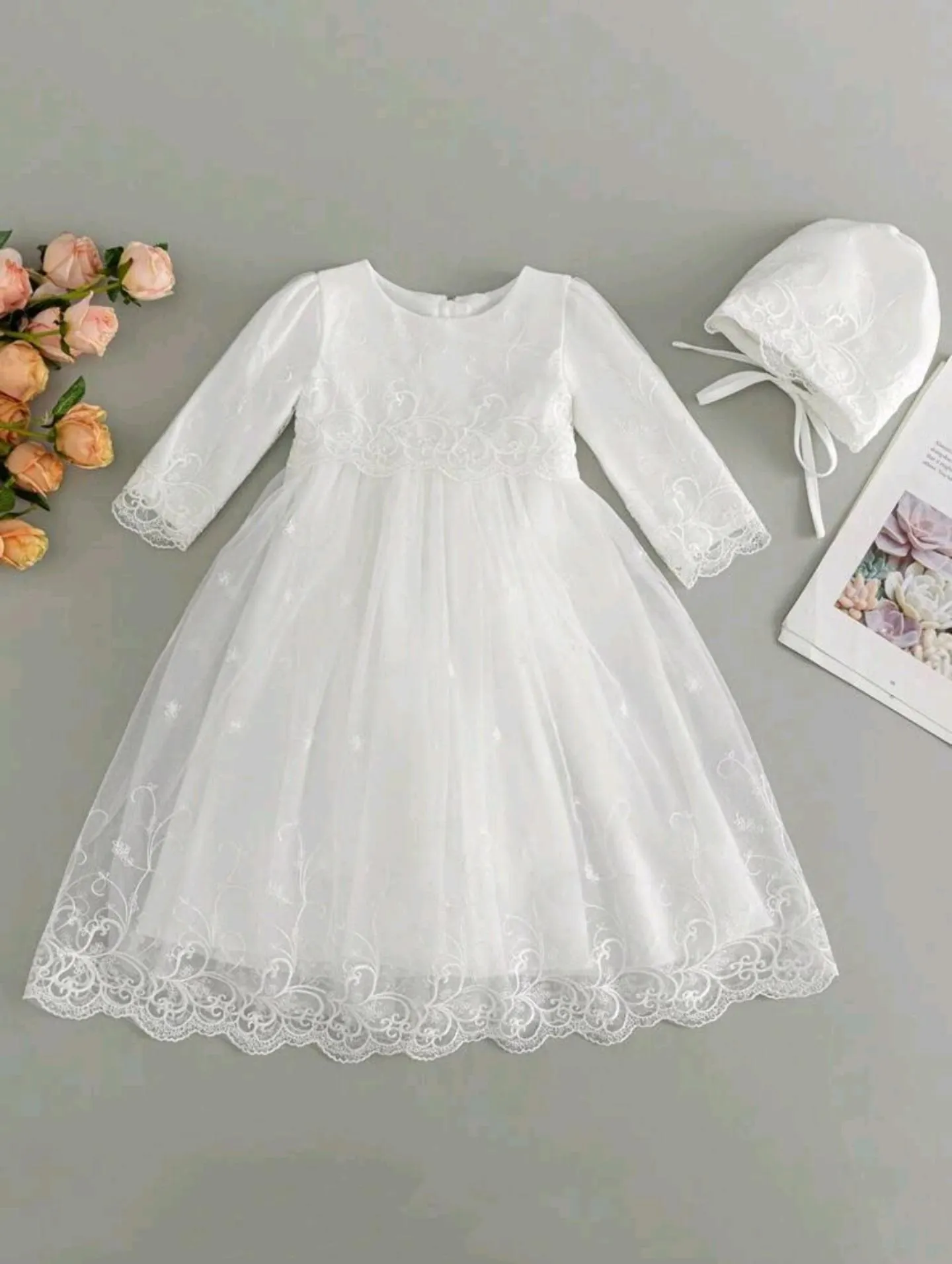 Baby Girls Long Sleeve Classic Christening Gown, Baptism Dress Bonnet Set - Grace