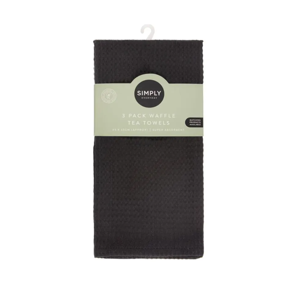 Simply Everyday Waffle Tea Towels Black 65cm 3pk