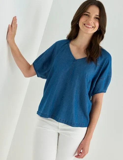 Zest Lyocell V-Neck Puff Sleeve Top, Mid Wash Blue
