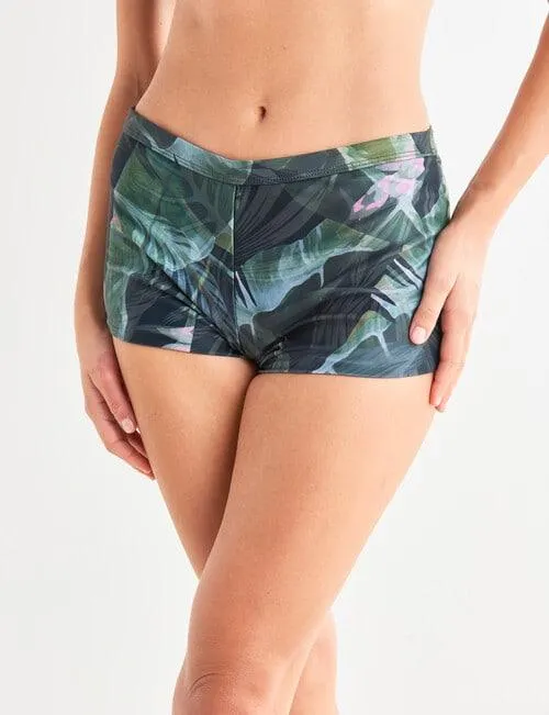 Zest Resort Botanical Print Reversable Boyleg Swim Bottom, Green