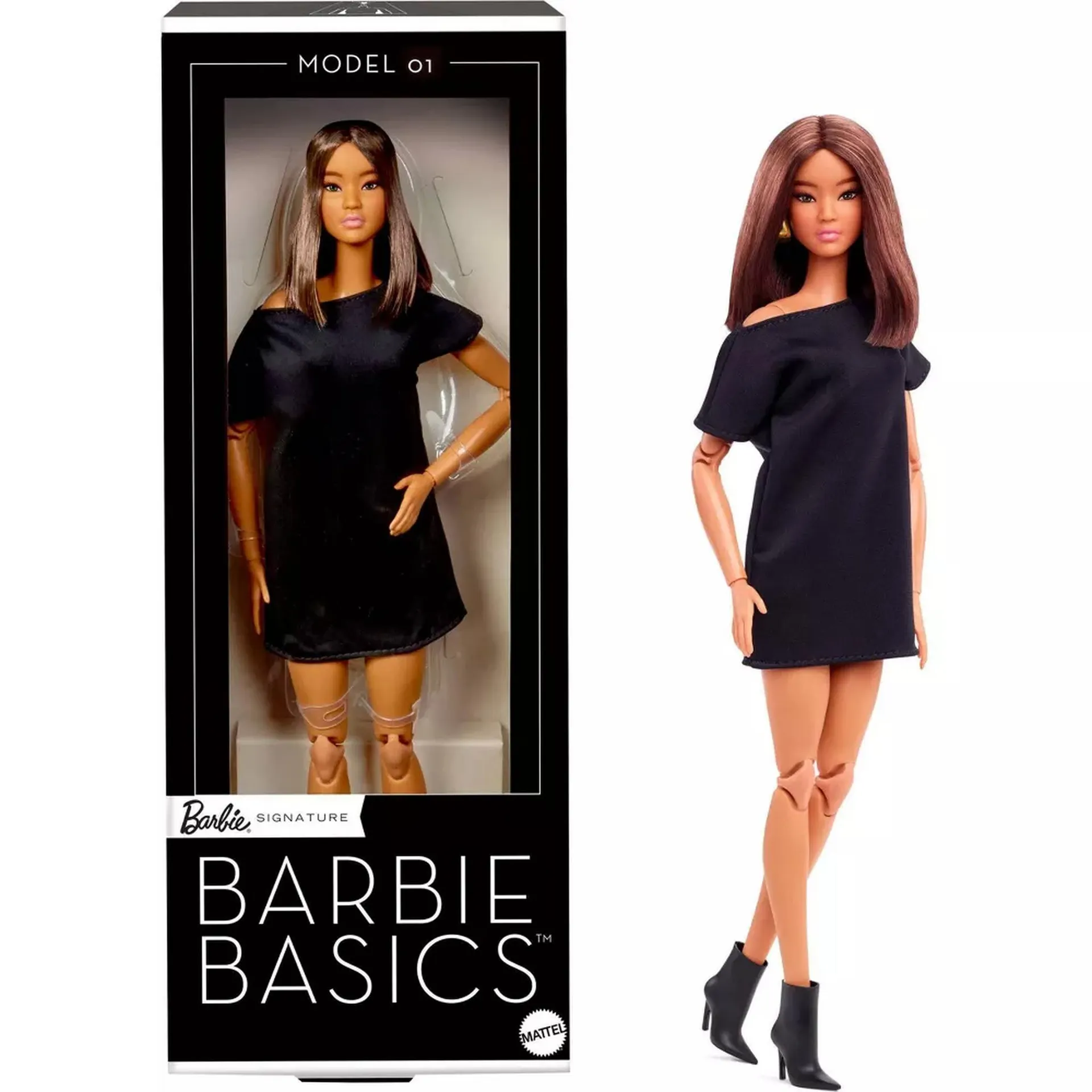 Barbie Basics with Brunette Hair in Black Dress and Pointed Boots