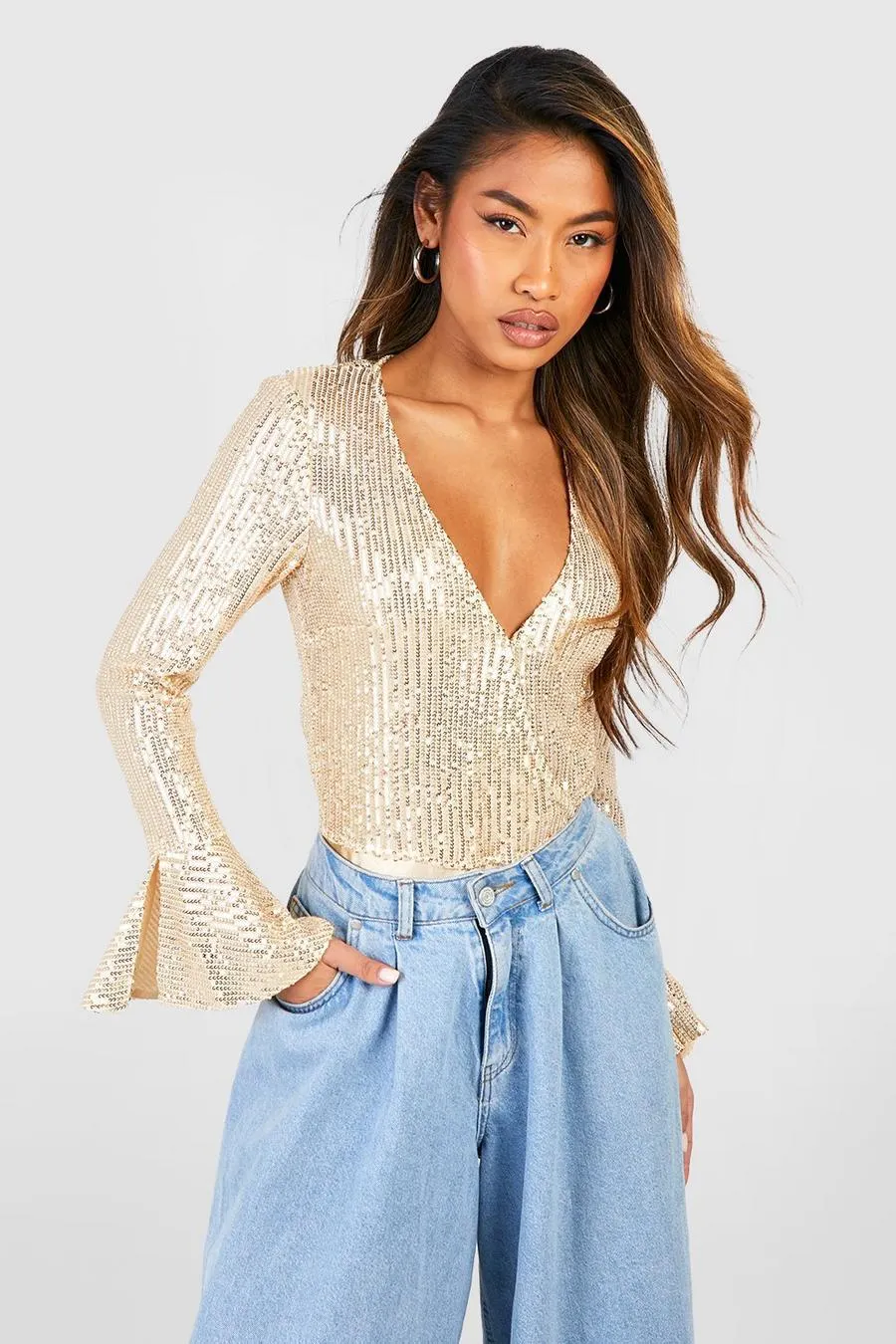 Sequin Wrap Ruffle Cuff Bodysuit