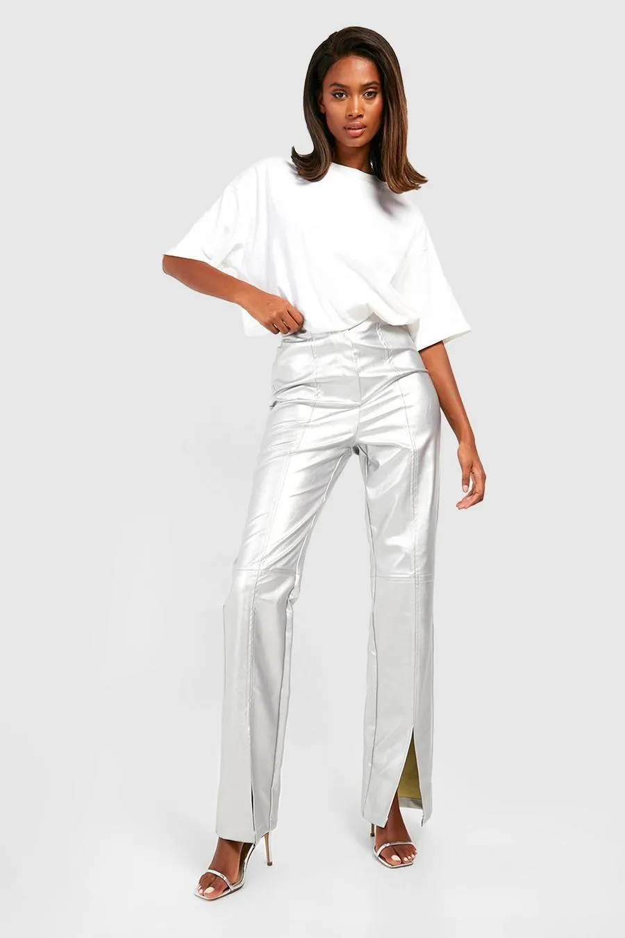 Matte Metallic Leather Look Split Front Trousers
