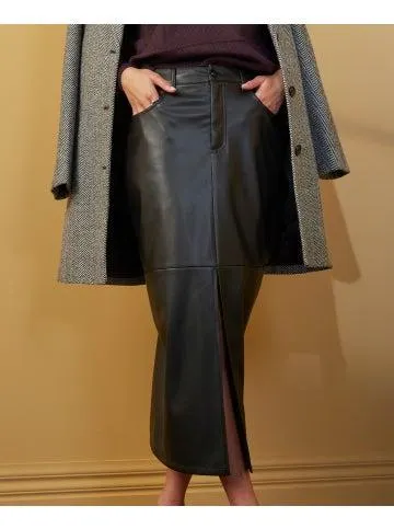 Women's Pleather Midi Skirt in Black