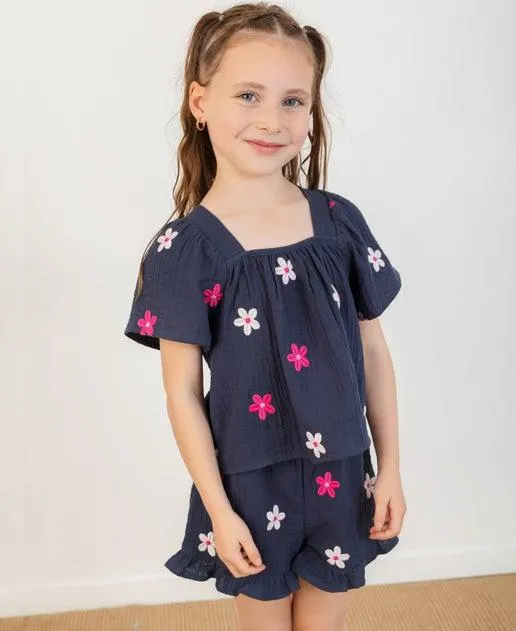 Little Kids' Short Sleeve Muslin Top & Short Set
