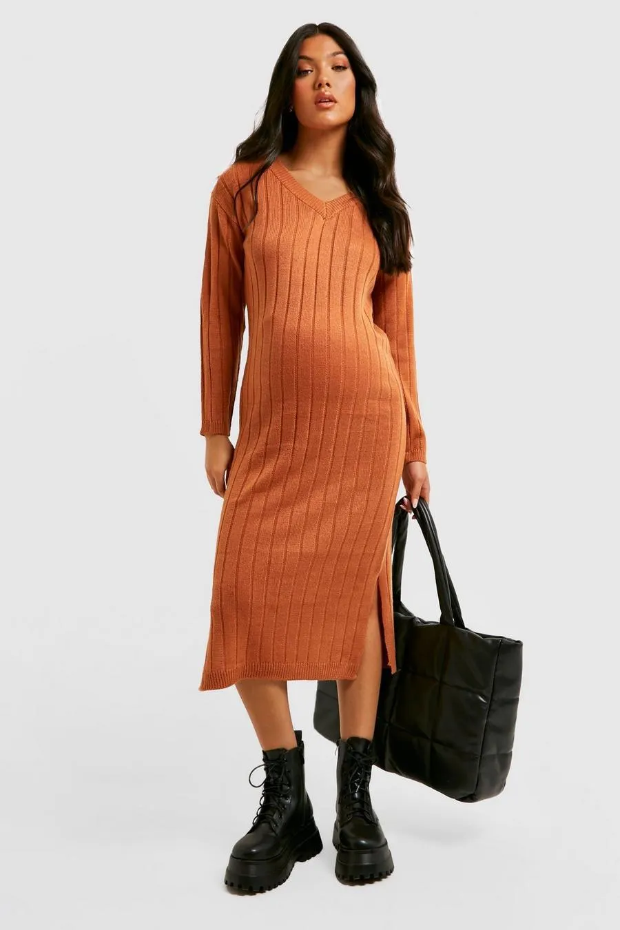Maternity V Neck Slouchy Knitted Midi Dress