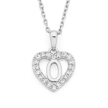 Silver Initial O in CZ Heart Pendant