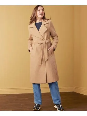 Women's Tie Waist Longline Coat in Tan