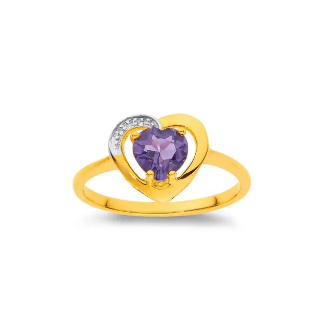 9ct Gold, Amethyst and Diamond Heart Ring