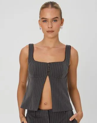 Pinstripe Picot Trim Split Front Top