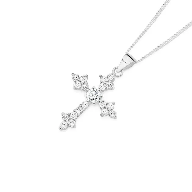 Sterling Silver Cubic Zirconia Clover Ends Cross Pendant