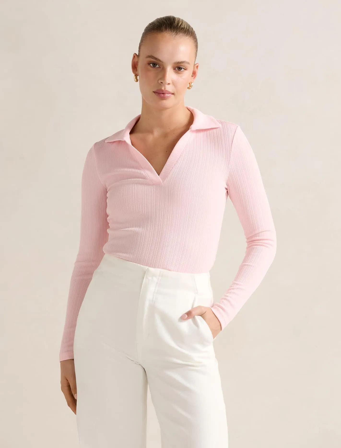 Anya Rib Long-Sleeve Polo Top