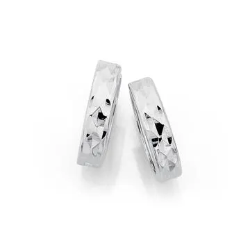 9ct White Gold, Diamond-cut Huggie Earrings