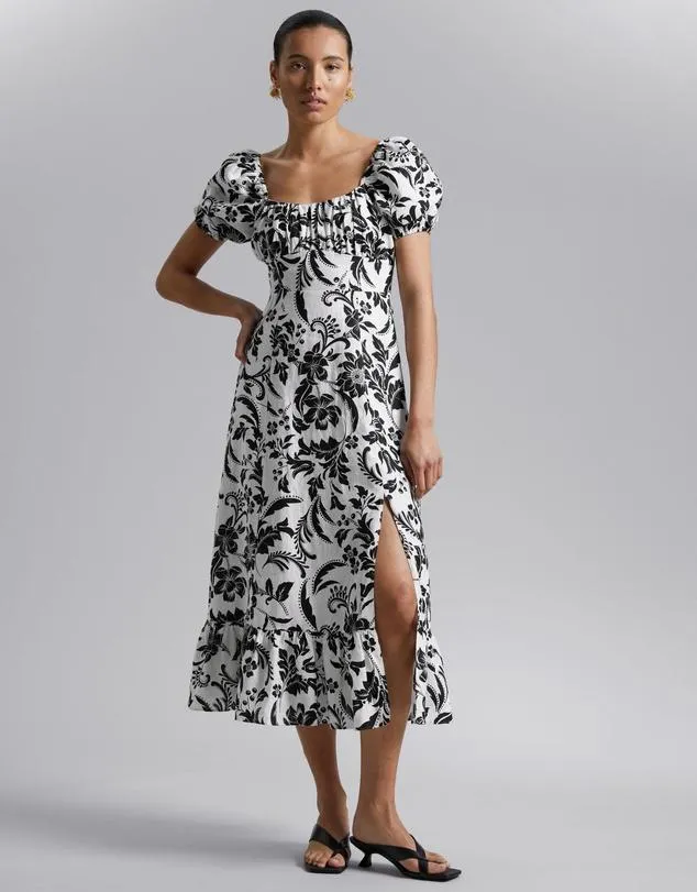 Puff Sleeve Linen Midi Dress