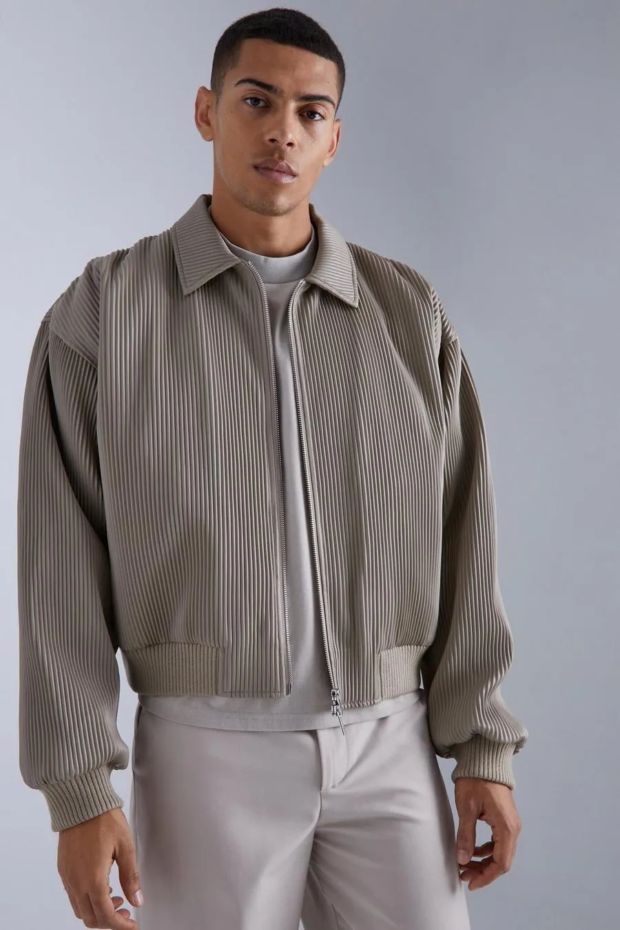 Boxy Pleated Faux Leather Harrington