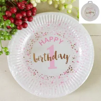 1st Birthday Paper Plates Pink and Gold 18cm