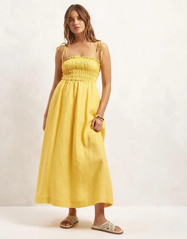 Linen Tie Shoulder Shirred Dress
