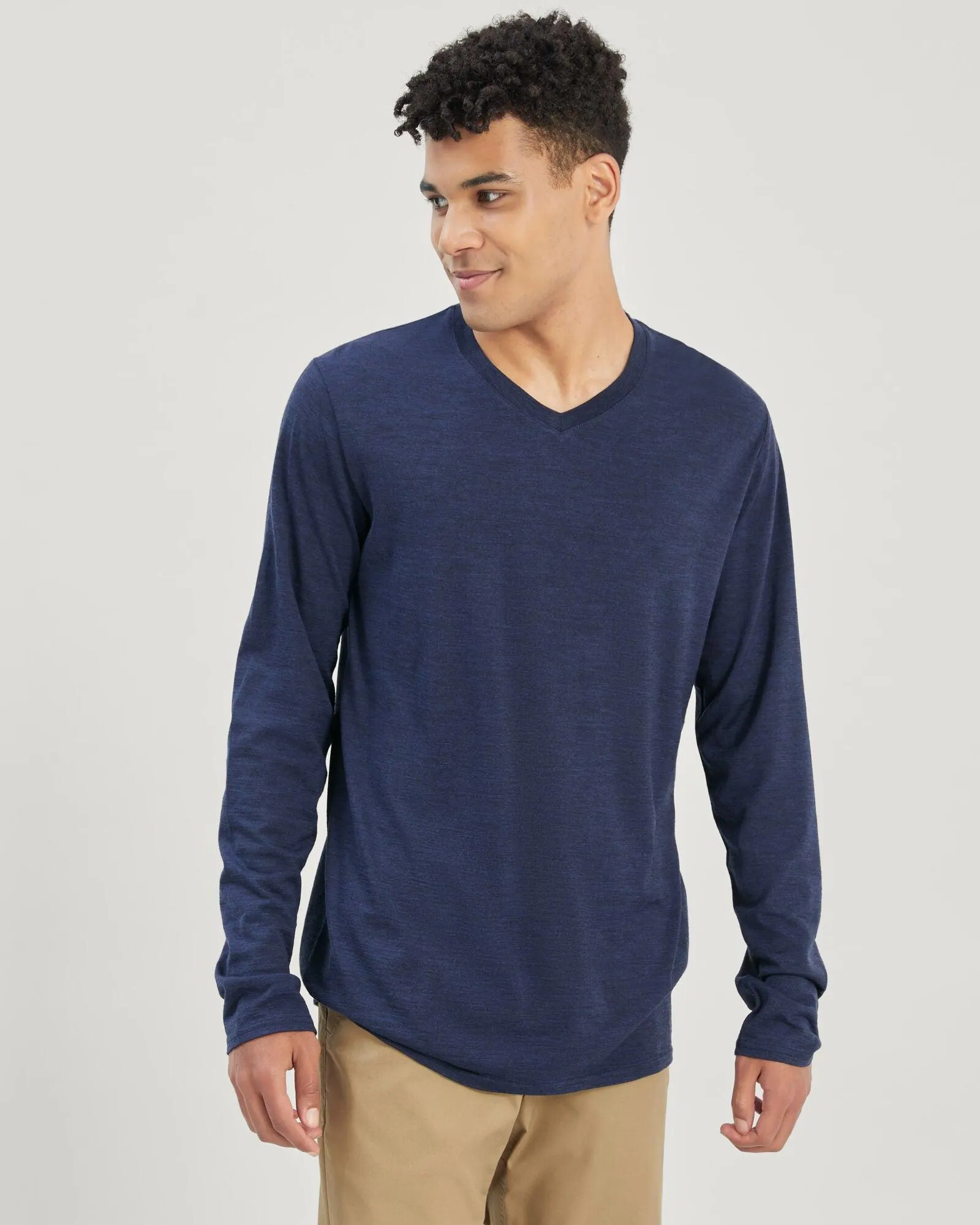 Men's 100% Merino Long Sleeve V-Top - Midnight Navy Marle