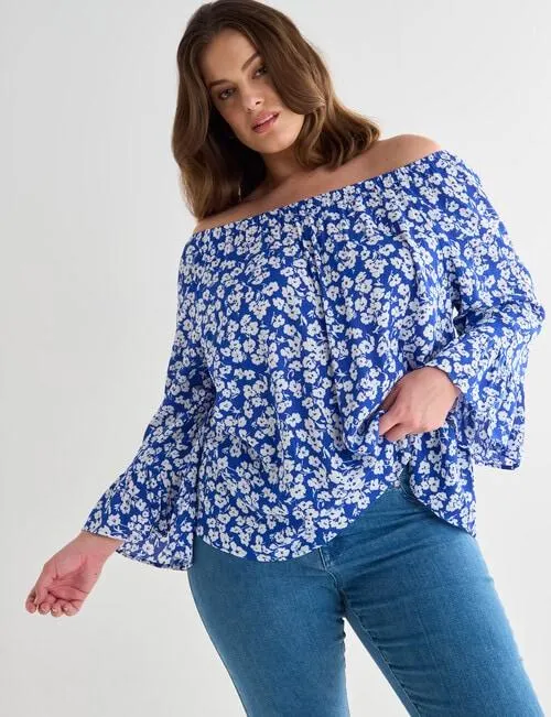 Studio Curve Ditsy Floral Gather Neck Top, Blue