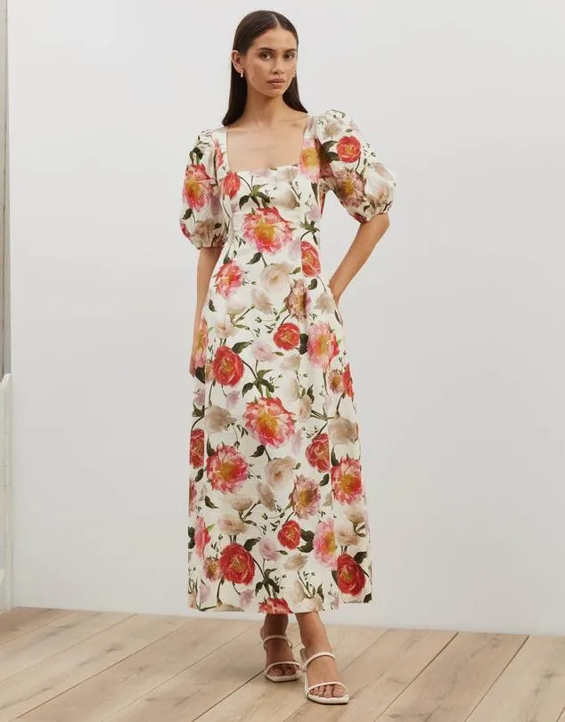 Ava Linen Blend Puff Sleeve Maxi Dress