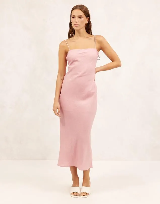 Linen Tie Shoulder Bias Cut Midi Dress