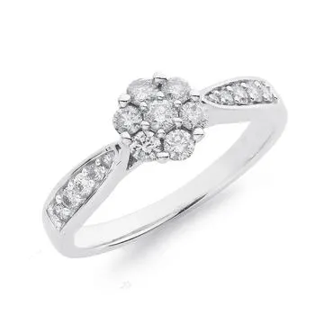 9ct White Gold, Diamond Cluster Ring TDW=.50ct