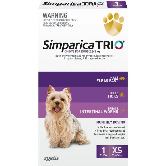Simparica Trio Flea Tick & Worm Treatment 2.6kg-5kg - 1 Pack