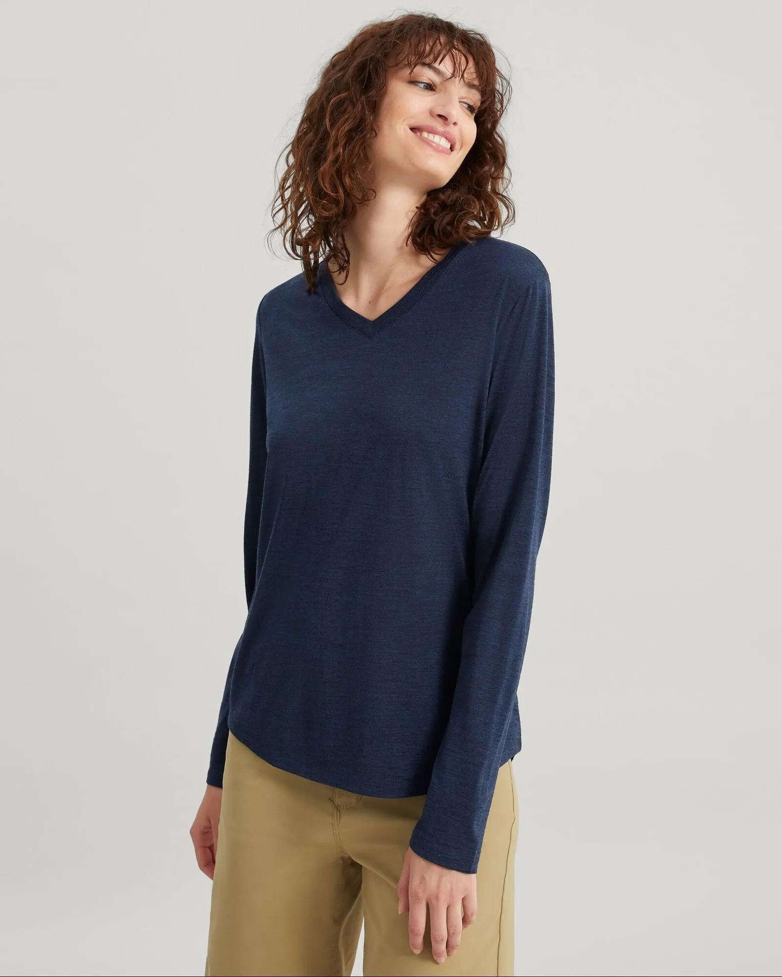 Women's 100% Merino Long Sleeve V-Top - Midnight Navy Marle