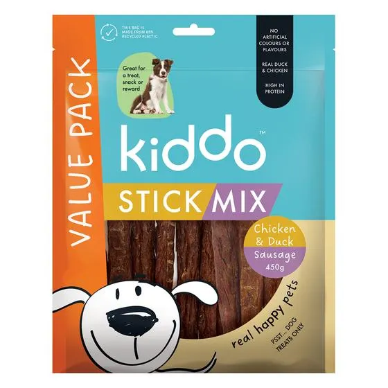 Kiddo Dog Treats Chicken & Duck Sausage Stick Mix Value Bag 450g