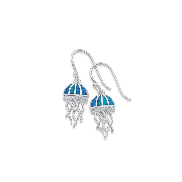 Sterling Silver Created Blue Opal Jellyfish Hook Earrings