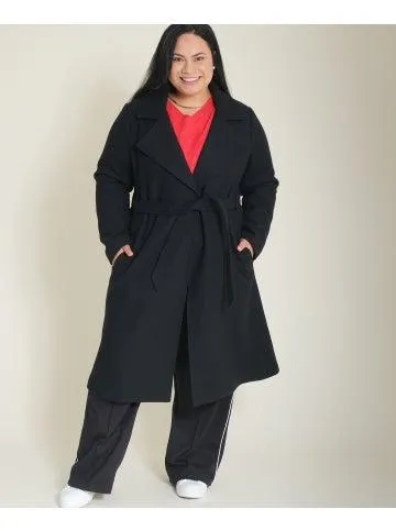 Women's Isobelle Tie Waist Longline Coat in Black