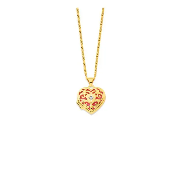 9ct Gold Diamond-set Open Filigree Heart Locket with Pink Insert