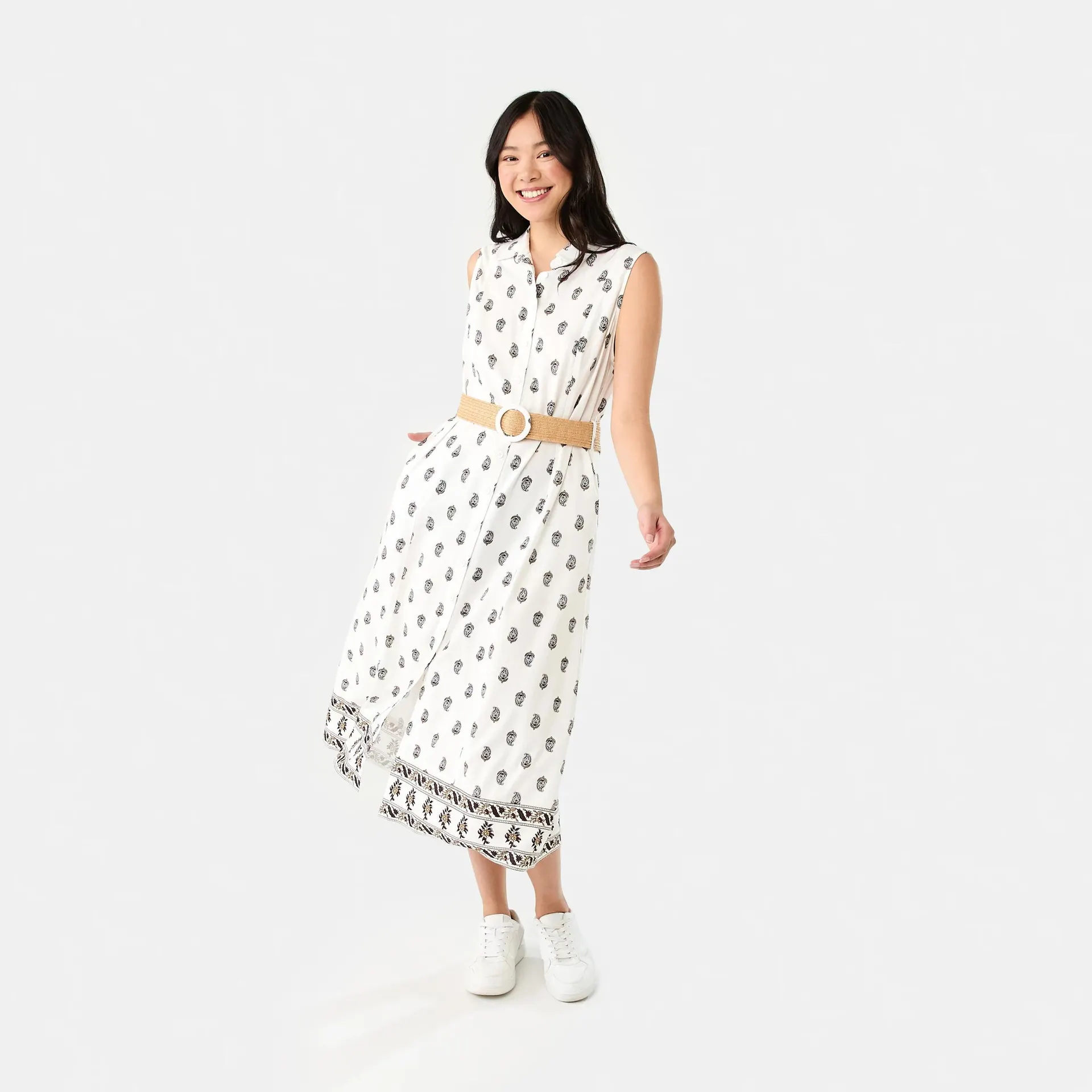 Sleeveless Collared Linen Blend Midi Dress