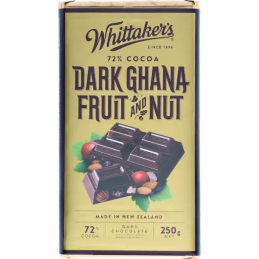 Whittaker's Chocolate Block 72% Dark Ghana Fruit & Nut 250g