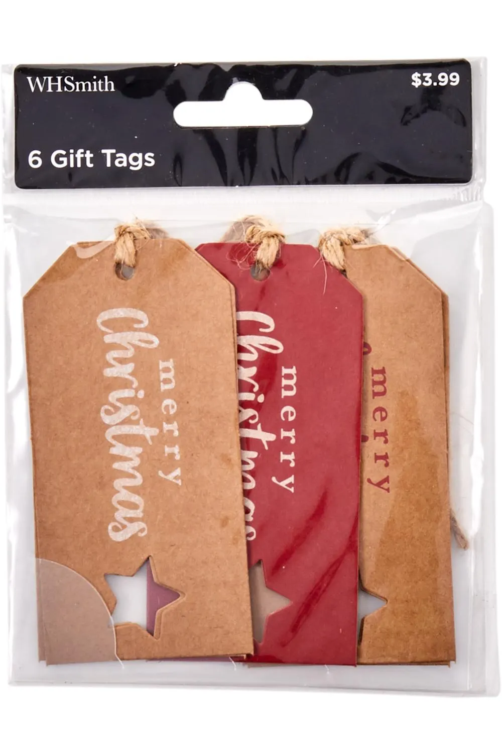 WHSmith Christmas Gift Tags Kraft Christmas Message Red & White Pack of 6