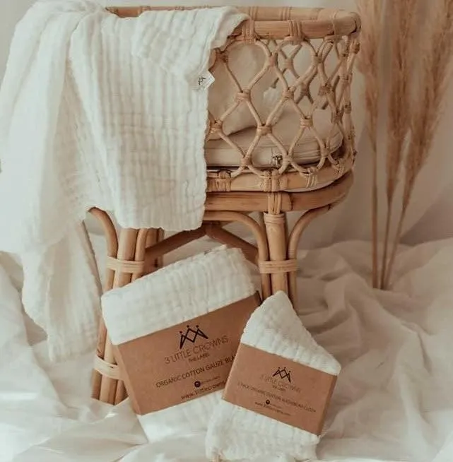 Organic Cotton Gauze Blanket & 2 Pack Wash/Burp Cloth Bundle