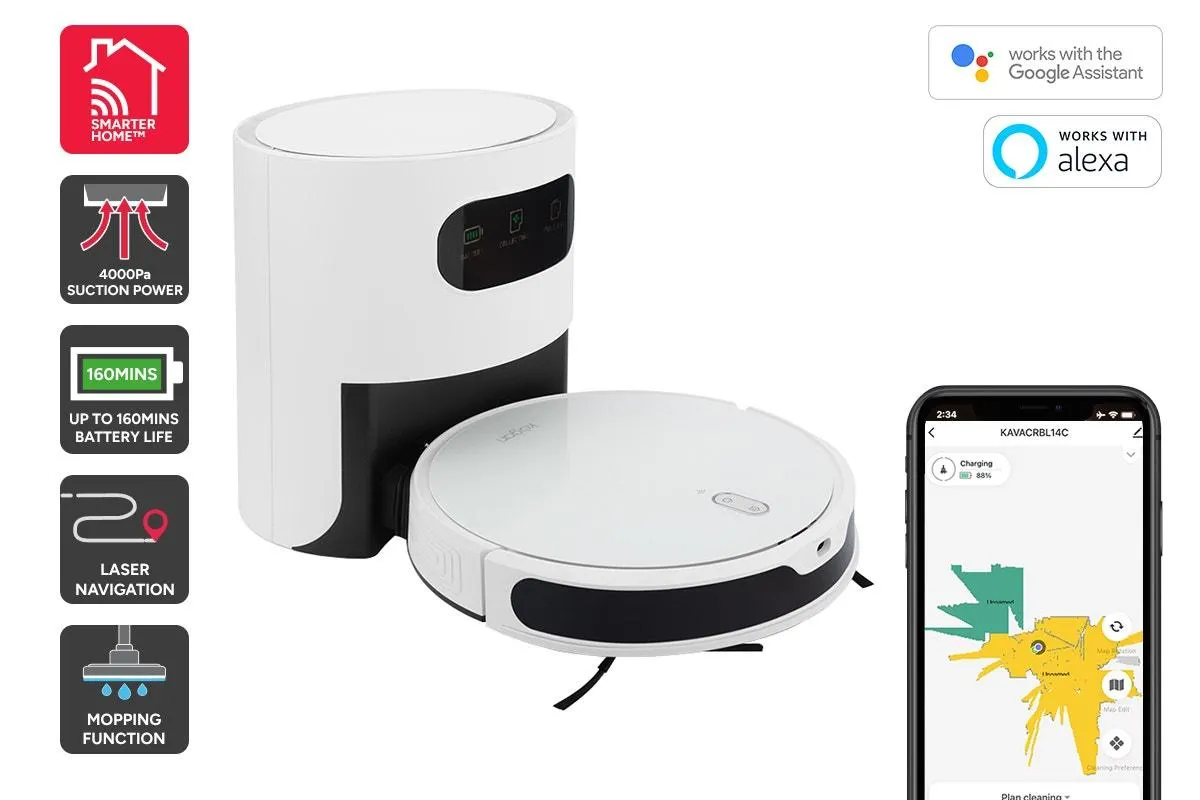 Kogan SmarterHome™ LX14 Laser Robot Vacuum Cleaner and Mop with Auto-Empty Dock (White)